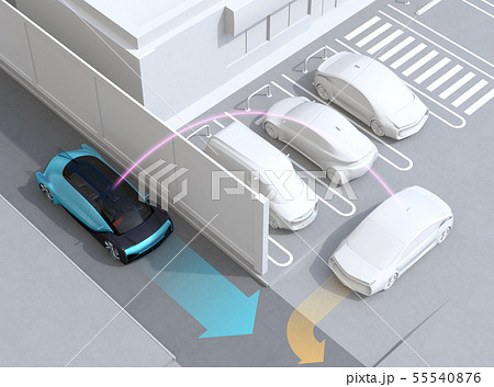 見通しの悪い道路に走行する車が駐車場から出る車を探知し 事故を回避する 先進運転システムコンセプトのイラスト素材
