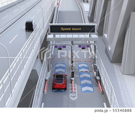 高速道路ETC料金所を通過するメタリックレッド色SUVのイメージ。ETC料金所コンセプト 高速道路ETC料金所を通過するメタリックレッド色SUVのイメージ。ETC料金所コンセプト 55540888