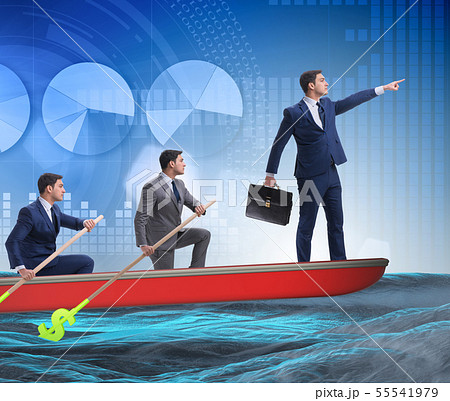 Team of businessmen in teamwork concept with boat Team of businessmen in teamwork concept with boat 55541979