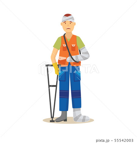 Man worker in uniform with body injury vector illustration isolated on white. Man worker in uniform with body injury vector illustration isolated on white. 55542003