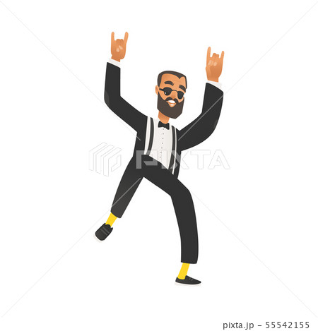 Happy dancing groomsman, man in suit with beard, tuxedo in flat cartoon style. Happy dancing groomsman, man in suit with beard, tuxedo in flat cartoon style. 55542155
