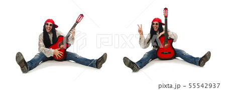 Male musician with guitar isolated on white 55542937