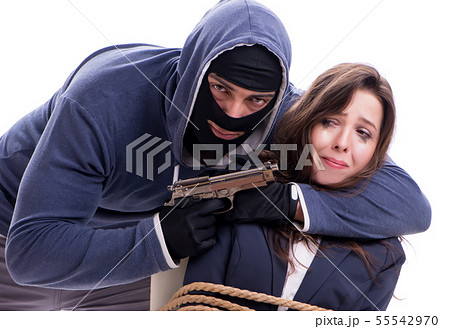 Kidnapper with tied woman isolated on white 55542970