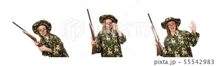 The girl in military uniform holding the gun isolated on white 55542983
