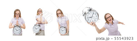 Young employee holding alarm clock isolated on white 55543923