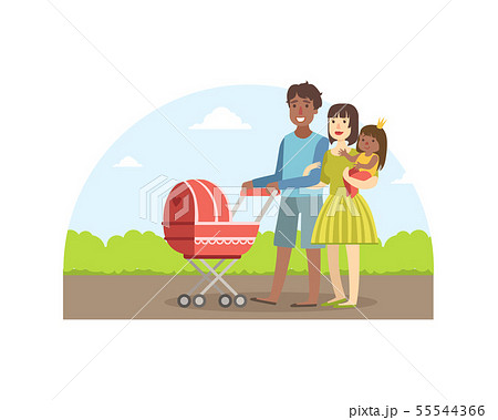 Cheerful Interracial Parents with Their Toddler Daughter and Baby Walking in Park Outdoor, Father Cheerful Interracial Parents with Their Toddler Daughter and Baby Walking in Park Outdoor, Father 55544366
