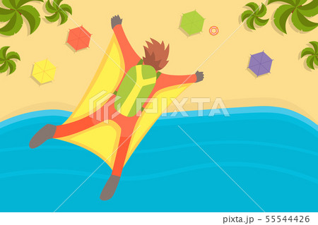 Man Wearing Wing Suit Flying in Sky Under Tropical Beach, Skydiving Extreme Sport Vector 55544426