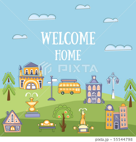 Welcome Home Banner Template, Summer Urban Landscape with Cute Hand Drawn Public Buildings and City 55544798