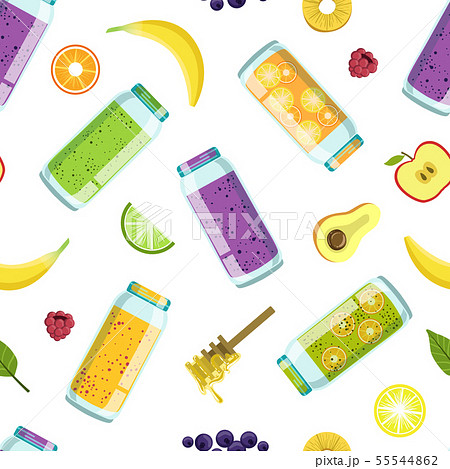 Fresh Smoothies, Vegetables and Fruits Seamless Pattern, Natural Vegetarian Healthy Food Design 55544862