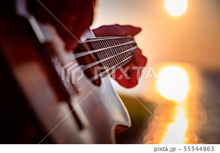 Woman at sunset playing the ukulele Woman at sunset playing the ukulele 55544863