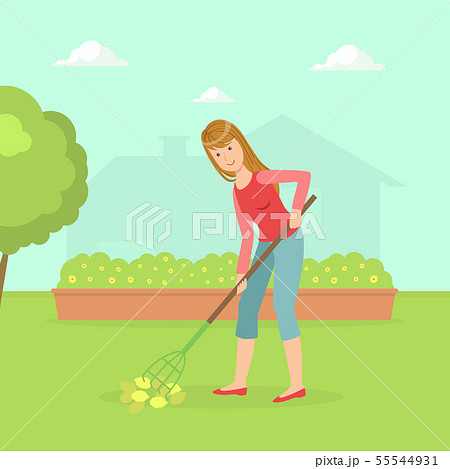 Woman Working in Garden with Rake, Housewife Cleaning Backyard With Gardening Tool Vector Woman Working in Garden with Rake, Housewife Cleaning Backyard With Gardening Tool Vector 55544931