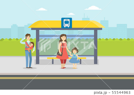 People Standing At Bus Stop In City Parents のイラスト素材