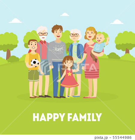 Happy Family, Father, Mother, Grandfather, Grandmother and Children Posing Together on Nature 55544986