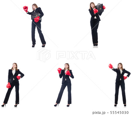 Businesswoman with boxing gloves isolated on white Businesswoman with boxing gloves isolated on white 55545030