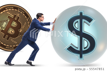 Businessman pushing bitcoin in cryptocurrency blockchain concept 55547851