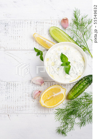 Greek dip sauce or dressing tzatziki Top view 55549632