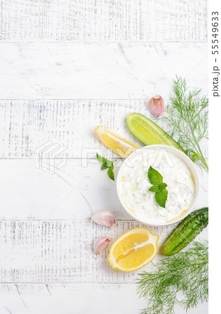 Greek dip sauce or dressing tzatziki Top view 55549633