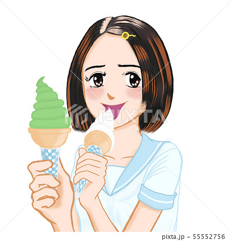Jk由奈ちゃんの日常05 アイス食べる 言葉なし ヒマワリのヘアピン 抹茶 ペロリのイラスト素材