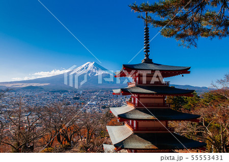Red Chureito Pagoda and Snow covered Mount Fuji Red Chureito Pagoda and Snow covered Mount Fuji 55553431