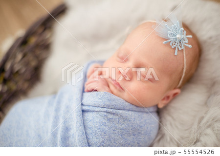 newborn baby girl in blue blanket in a  basket 55554526