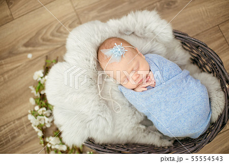 newborn baby girl in blue blanket in a  basket 55554543