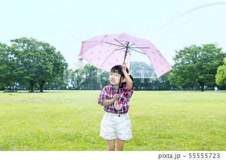 雨の公園で傘を差しテルテル坊主を見つめる幼い女の子。 55555723