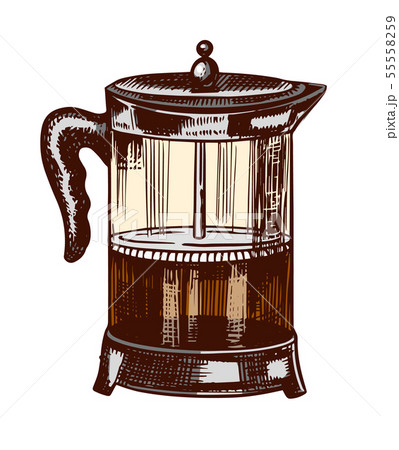 French press for making coffee in vintage style. Hand drawn engraved retro sketch for labels 55558259