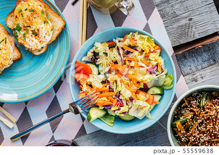 lunch on the terrace, salad and sandwiches lunch on the terrace, salad and sandwiches 55559638
