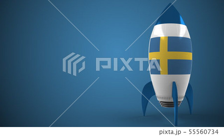 Rocket with flag of Sweden. Swedish hitech or space program related conceptual 3D rendering Rocket with flag of Sweden. Swedish hitech or space program related conceptual 3D rendering 55560734