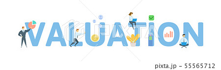 VALUATION. Concept with people, letters and icons. Flat vector illustration. Isolated on white 55565712