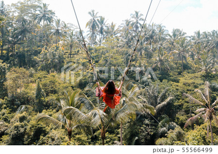 Young pretty Asian woman is swinging on the cliff 55566499
