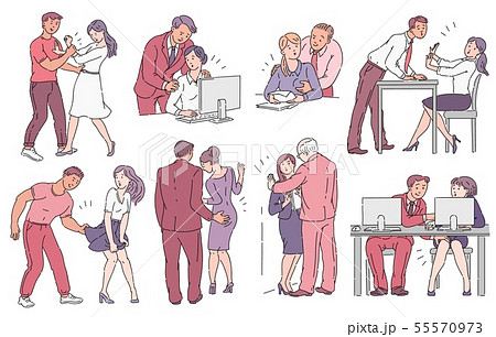 Set of men sexually harassing women in sketch style 55570973