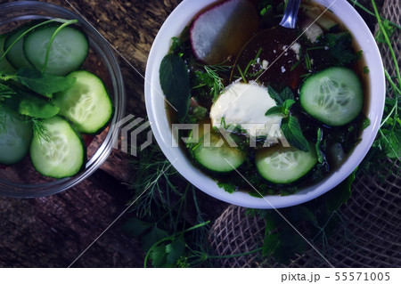 traditional Russian dish, a cold soup okroshka traditional Russian dish, a cold soup okroshka 55571005