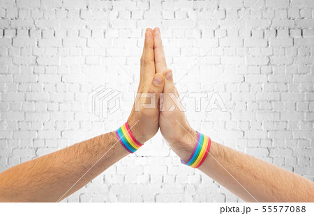 hands with gay pride wristbands make high five 55577088