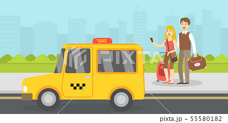 Couple of Tourists with Luggage Called Taxi by Mobile Phone, Travel, Vacation, and Summer Adventure 55580182