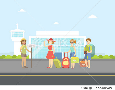 Tourist Guide Waiting for Guests at Airport, Group of Cheerful Tourist with Luggage Standing in 55580589