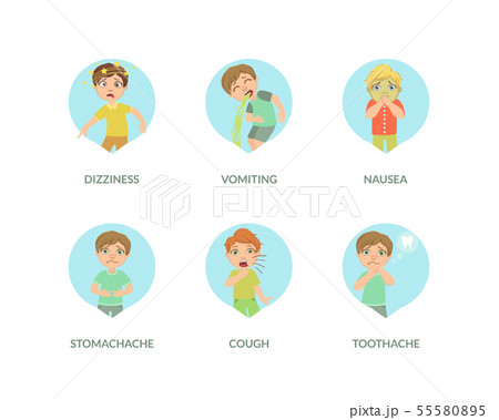 Cute Boy Suffering From Different Symptoms Set のイラスト素材