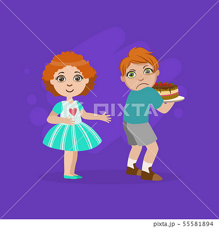 Greedy Boy Not Sharing Cake with Girl, Bad Behavior Vector Illustration Greedy Boy Not Sharing Cake with Girl, Bad Behavior Vector Illustration 55581894