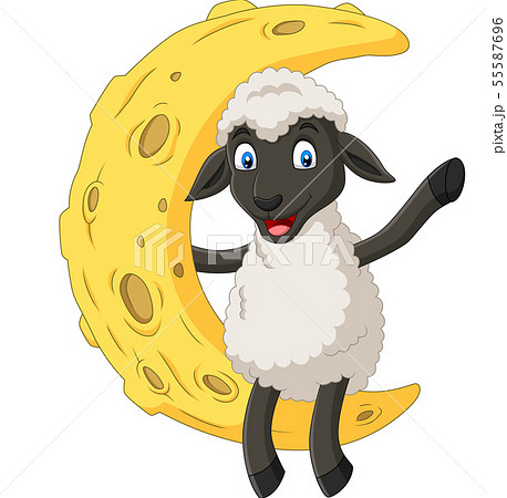 Cartoon cute sheep sitting on the moon 55587696