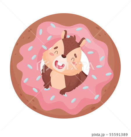 Cartoon cute chipmunk with a huge donut. Vector illustration on white background. 55591389