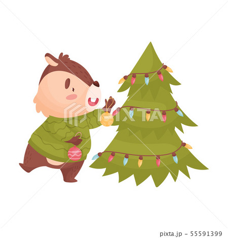 Cartoon chipmunk decorates the Christmas tree. Vector illustration on white background. Cartoon chipmunk decorates the Christmas tree. Vector illustration on white background. 55591399