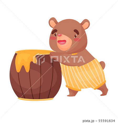 Cute little bear is standing next to a barrel of honey. Vector illustration on white background. 55591634