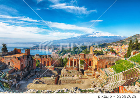 Ruins of ancient Greek theater in Taormina and Ruins of ancient Greek theater in Taormina and 55592628