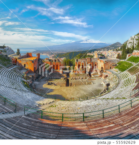 Ruins of ancient Greek theater in Taormina and Ruins of ancient Greek theater in Taormina and 55592629