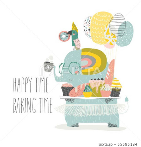 Cute elephant holding tray with homemade bakery Cute elephant holding tray with homemade bakery 55595134