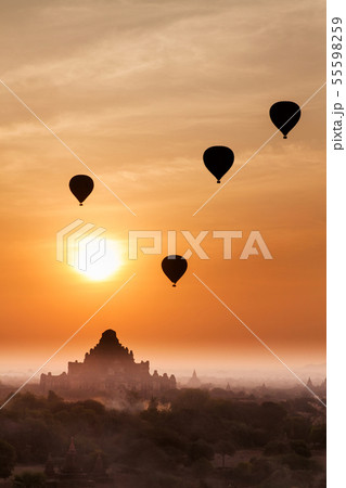 Old bagan in morning mist and silhouette of hot Old bagan in morning mist and silhouette of hot 55598259