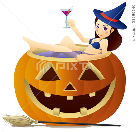 ハロウィンかぼちゃの浴槽でカクテルを飲むキュートな魔女のイラスト素材