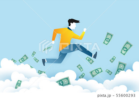 A man is jumping on the clouds with money.Business 55600293