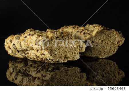 Fresh cereal baguette isolated on black glass 55603463