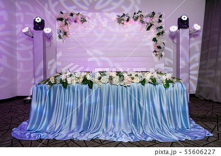 Wedding banquet in blue and white tones. Dinner Wedding banquet in blue and white tones. Dinner 55606227